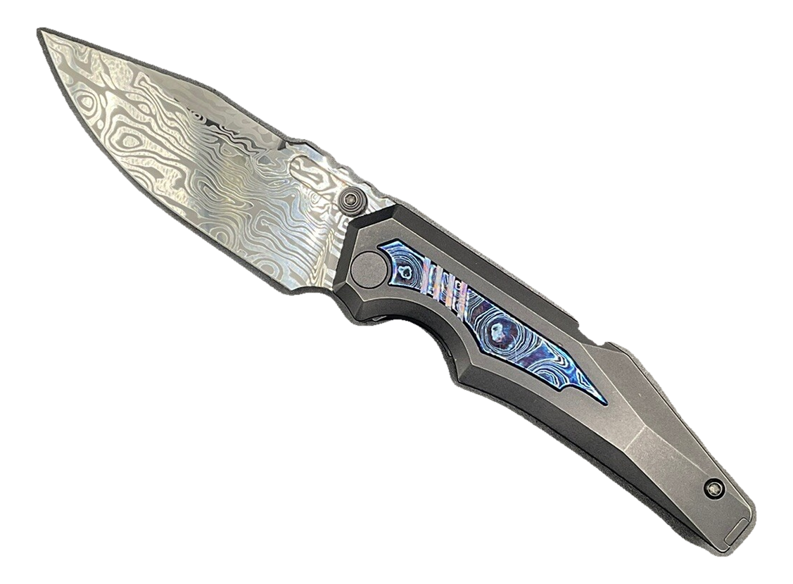 Arcane Design Knife Co Preytheon Black Titanium Zircuti Damasteel Front Flipper