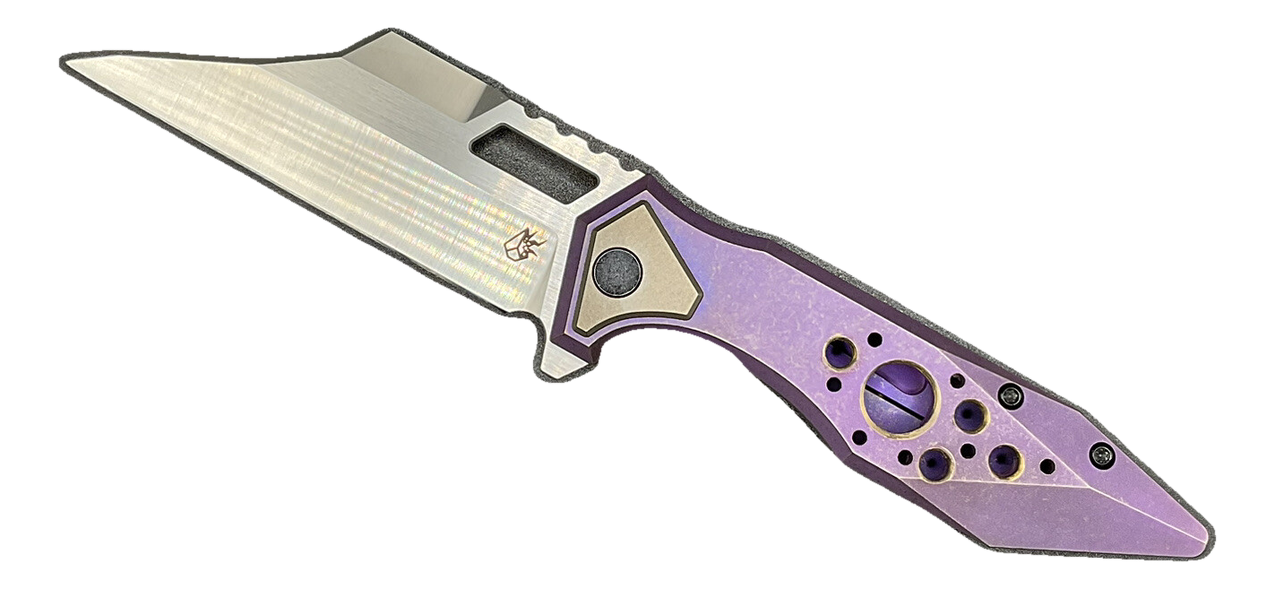 Arcane Design Knife Co Crawler Pink Titanium w Speedholes Satin M390 Wharncliffe