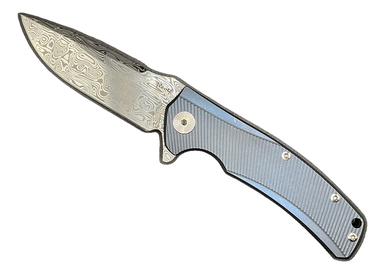 Reate Knives Mini Horizon-D Damasteel Milled Blue Titanium Discontinued Rare
