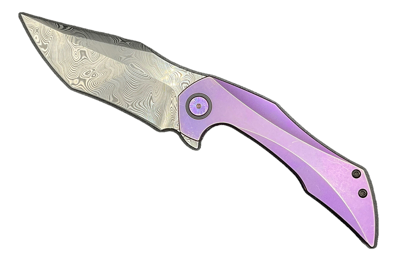Elijah Isham Knives Omen V2 Damasteel Purple Titanium