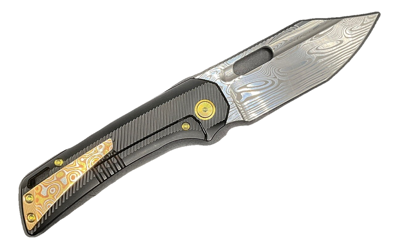 Emp Edc Knives Relative Black Milled Titanium Damasteel Bowie Mokume Hardware