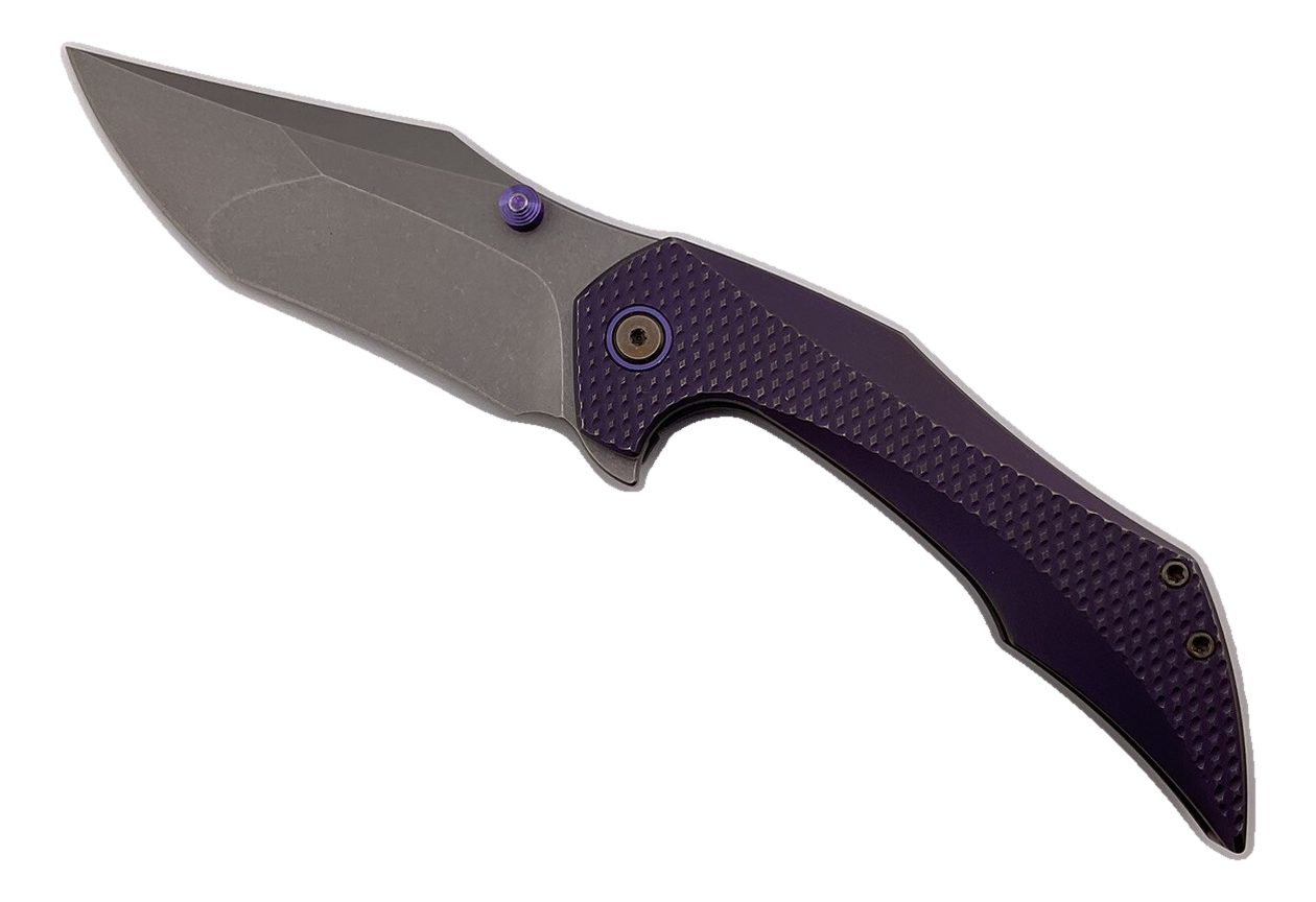 Elijah Isham Knives Omen V2 Purple Milled Titanium Stonewashed Elmax